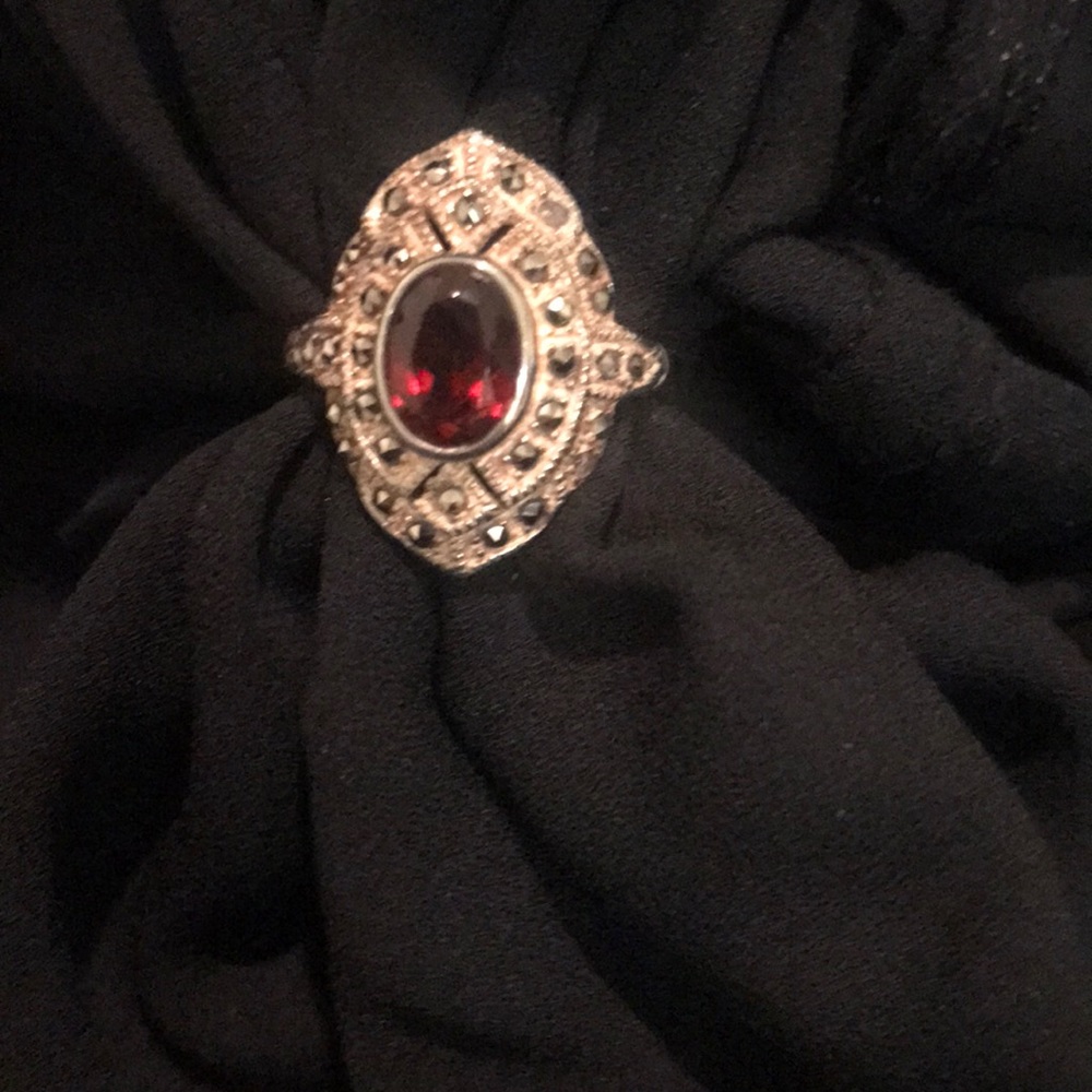 Garnet Silver and Marcasite Ring